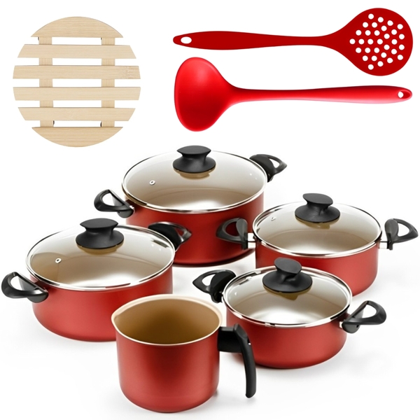 Jogo De Panelas 05 Peças Antiaderentes C/ Tampas De Vidro + 0