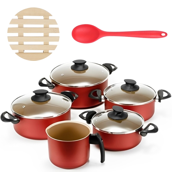 Jogo De Panelas 05 Peças Antiaderentes C/ Tampas De Vidro + 0