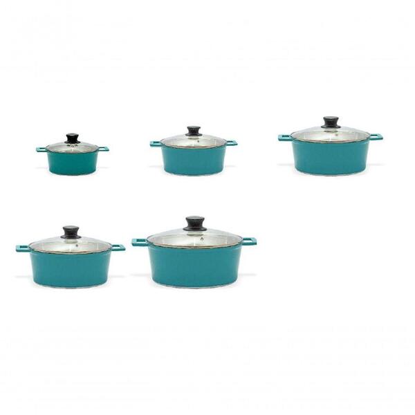 Jogo De Panelas Alumínio Batido Turquesa Com Tampa De Vidro