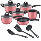 Jogo De Panelas Antiaderente Rosa 9 Peças Com Tampa De Vidro