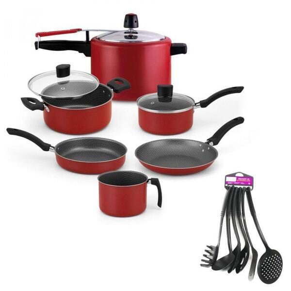 Jogo De Panelas Enjoy Vermelha 12 Peças C/ Panela De Pressão