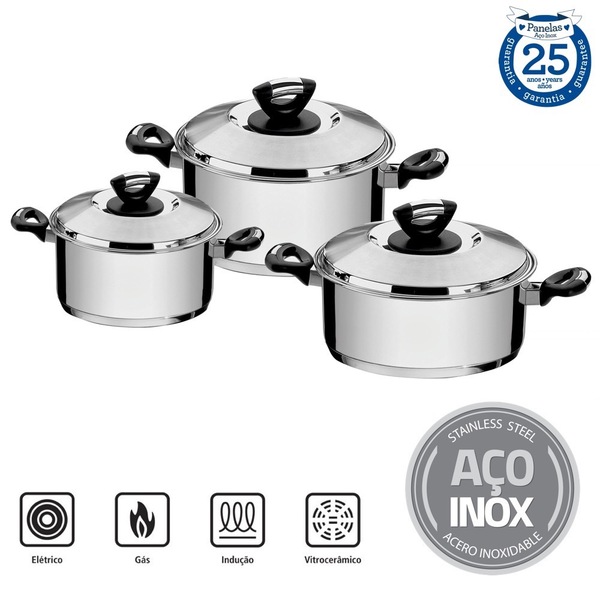 Jogo De Panelas Tramontina Solar Baquelite Em Aco Inox Com Fu