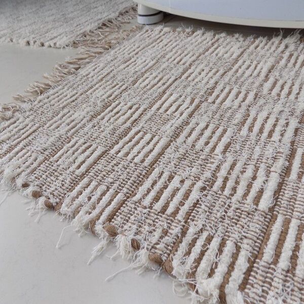 Jogo De Passadeira Cru E Bege Felpudo Quadriculado