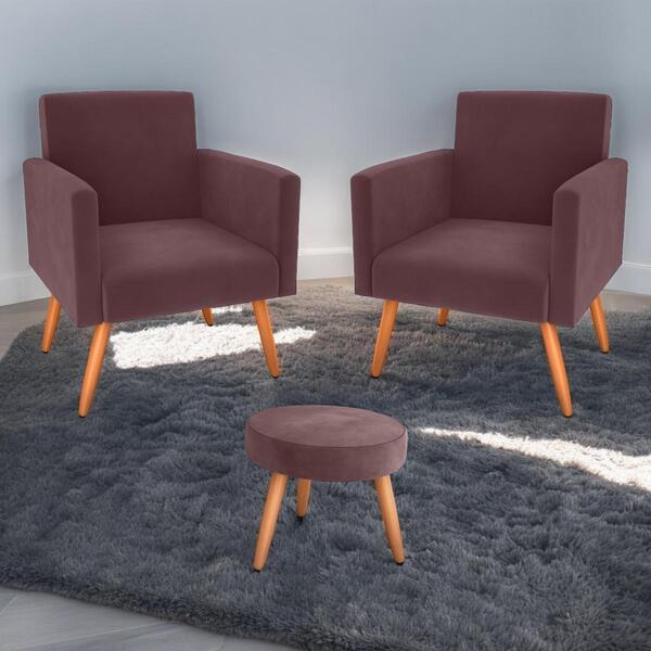 Jogo De Poltronas E Puff Austin Veludo Rose