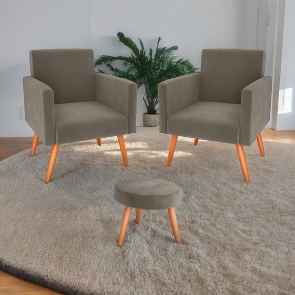 Jogo De Poltronas E Puff Livia Veludo Cappuccino