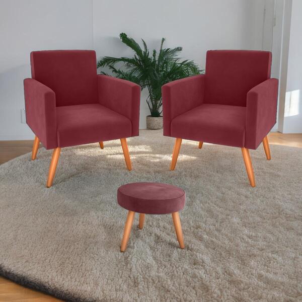 Jogo De Poltronas E Puff Livia Veludo Vinho