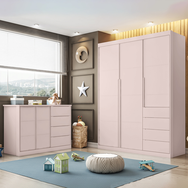 Jogo De Quarto Com Guarda Roupa 3 Portas E 4 Gavetas + Cômoda