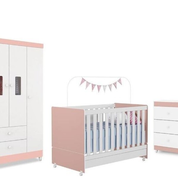 Jogo De Quarto Infantil 3 Peças Rosê Branco Diamante Pertenel