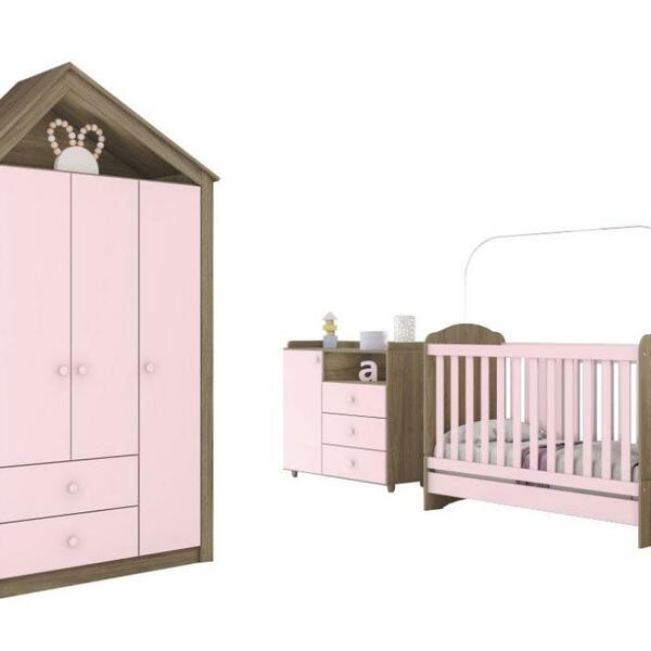 Jogo De Quarto Infantil Casinha Guarda Roupa, Comoda E Berço