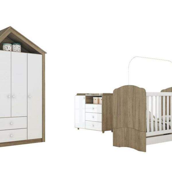 Jogo De Quarto Infantil Casinha Guarda Roupa, Comoda E Berço
