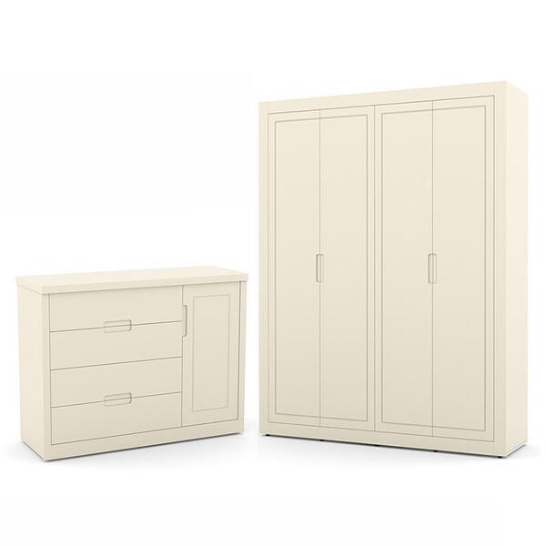 Jogo De Quarto Infantil Com Guarda Roupa 4 Portas E Cômoda Tu