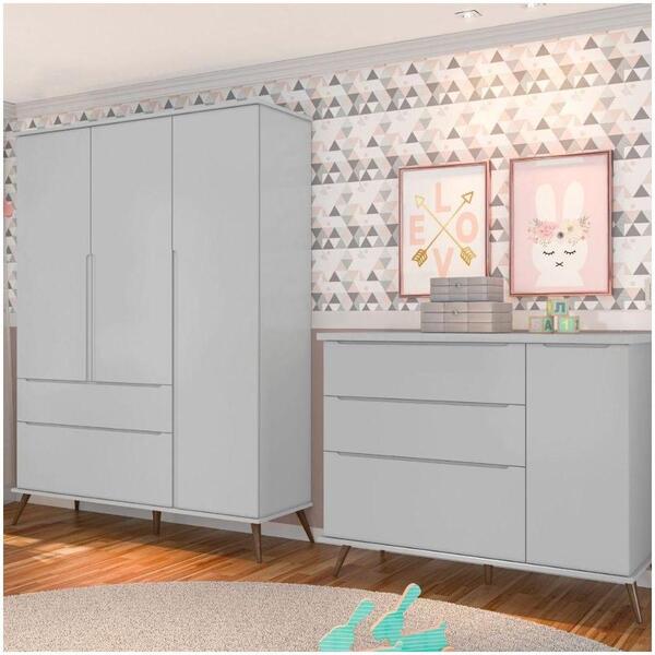 Jogo De Quarto Infantil Guarda Roupa E Cômoda Cinza Acetinado