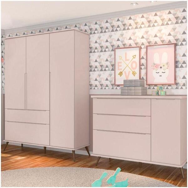 Jogo De Quarto Infantil Guarda Roupa E Cômoda Rose Acetinado