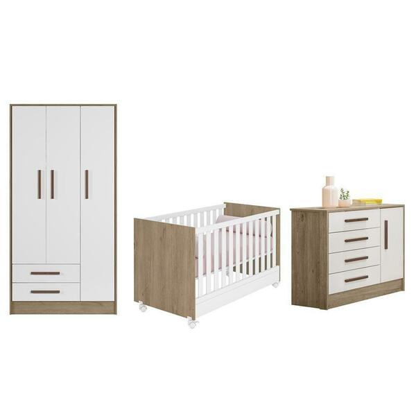 Jogo De Quarto Roupeiro Cômoda Encanto Berço Branco/carvalho