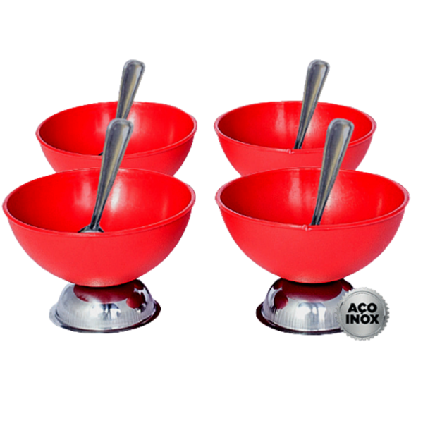 Jogo De Sobremesa Taça De Plástico E Inox - 8 Peças Vermelho