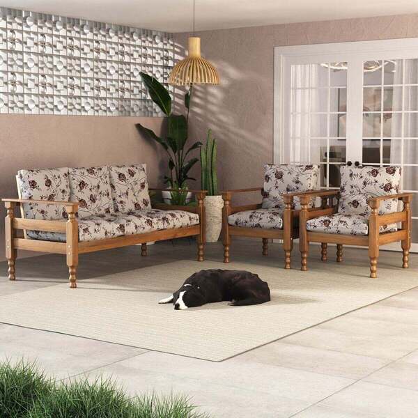 Jogo De Sofá Madeira Maciça Liz 3 Lugares E 2 Poltronas Multi