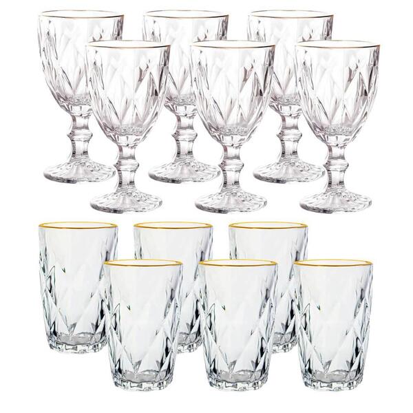 Jogo De Taças E Copos De Vidro Diamond Fio De Ouro 12 Peças -