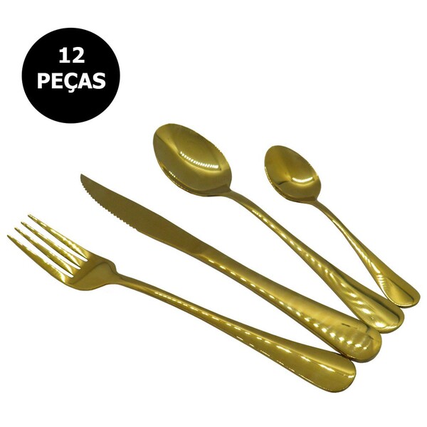 Jogo De Talheres Conjunto 12 Peças Luxo Dourado Jantar Cozinh