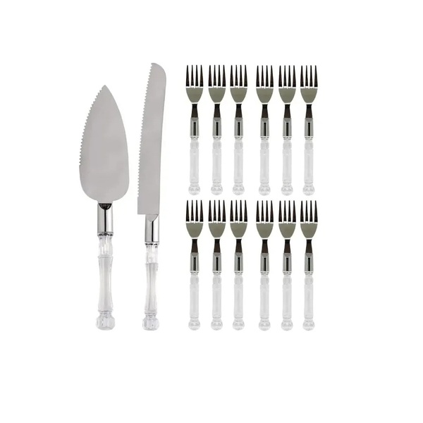 Jogo De Talheres Para Bolo C/14 Peças Inox Cabo Transparente