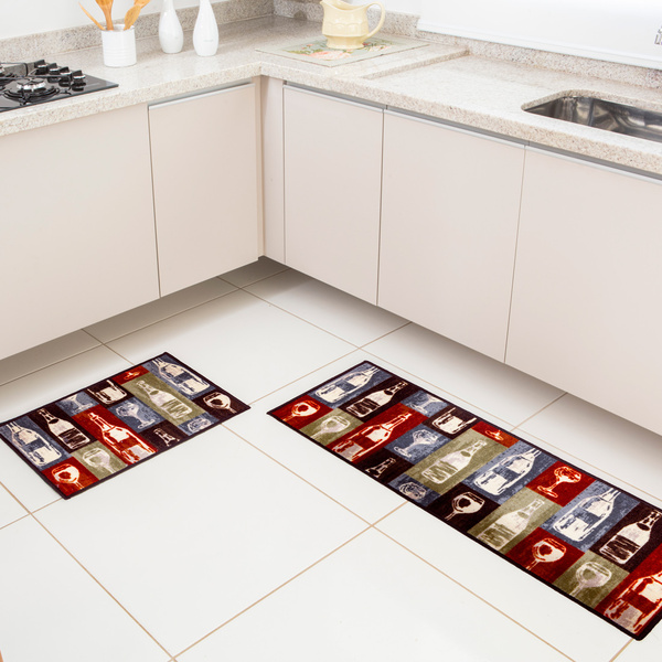 Jogo De Tapetes P/ Cozinha Bistrô Glass Vinho 02 Peças