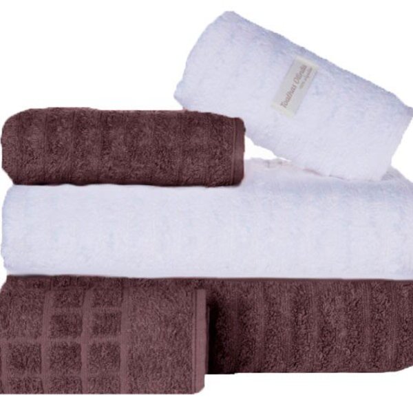 Jogo De Toalha 5 Peças Fio Penteado 100% Algodão Branca E Roxa