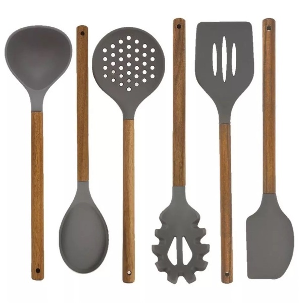 Jogo De Utensílios Silicone 6 Peças Cabo Madeira Acácia Yazi