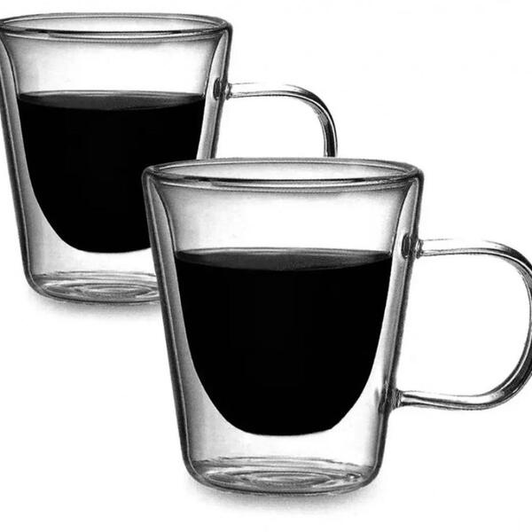 Jogo De Xícara Vidro Duplo 2 Peças Borossilicato Com Alça