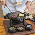 Jogo Fogareiro Bifeteira Molheiras Suporte Madeira