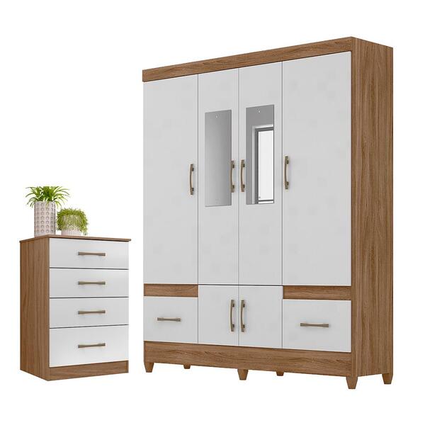 Jogo Gaveteiro E Roupeiro Guilin Com Espelho Naturale Branco