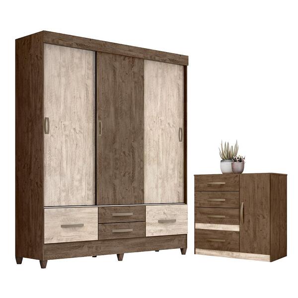 Jogo Gaveteiro E Roupeiro Thirassia Com Espelho Castanho Wood