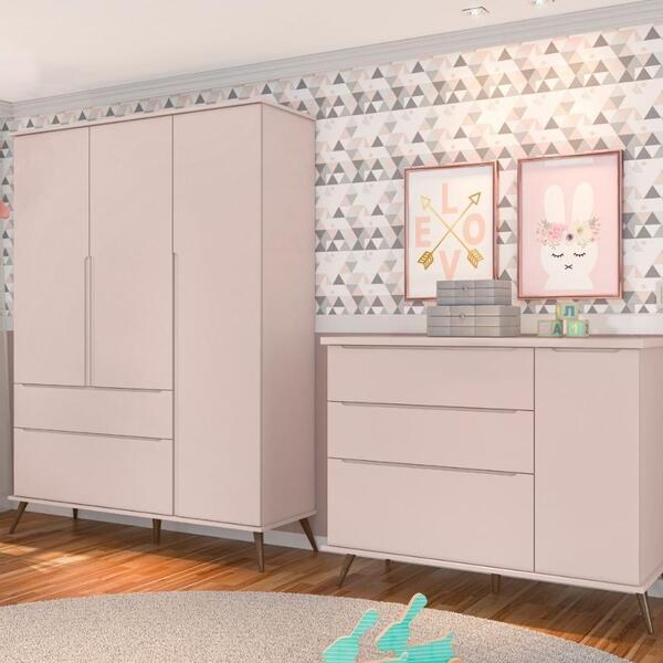 Jogo Infantil Guarda Roupa Cômoda Rose Acetinado Ternura