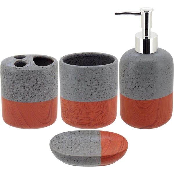 Jogo Kit Lavabo Banheiro Cerâmica Cinza 4 Peças