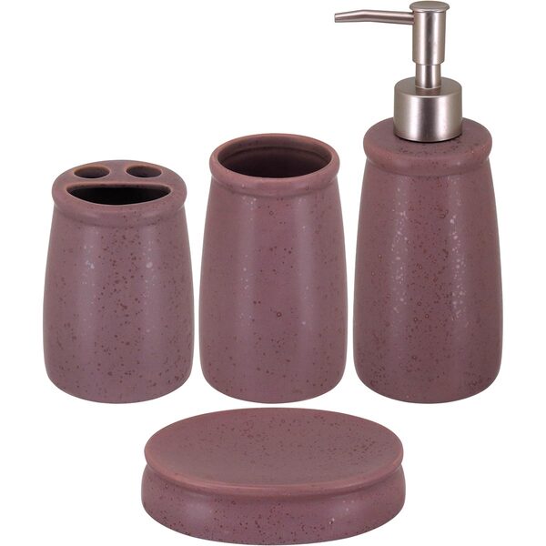 Jogo Kit Lavabo Banheiro Cerâmica Rosa 4 Peças