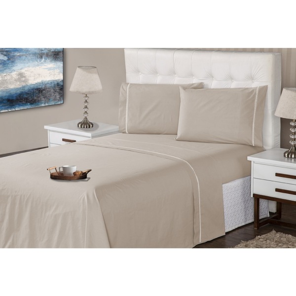 Jogo Lençol 3 Peças Casal 400 Fios Marfim Ponto Palito Casa D