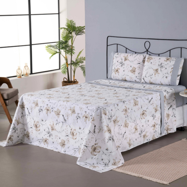 Jogo Lençol Casal 4 Pçs Percal 180 Fios Ponto Palito Cinza