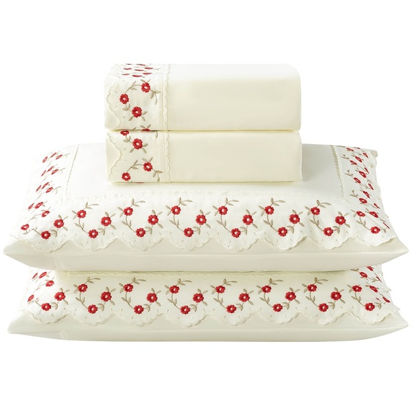 Jogo Lençol Casal Flores Bordado 4pç 100% Poliéster - M_verm