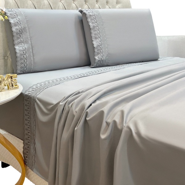 Jogo Lençol Casal Grace Bordado 4pç 100% Poliéster - Cinza