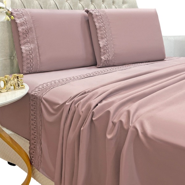 Jogo Lençol Casal Grace Bordado 4pç 100% Poliéster - Malva