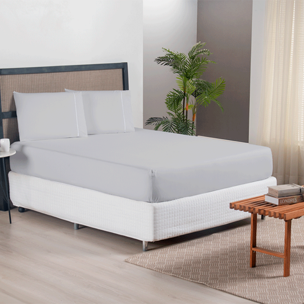 Jogo Lençol Queen 3 Pçs Micropercal 300 Fios Elástico Cinza