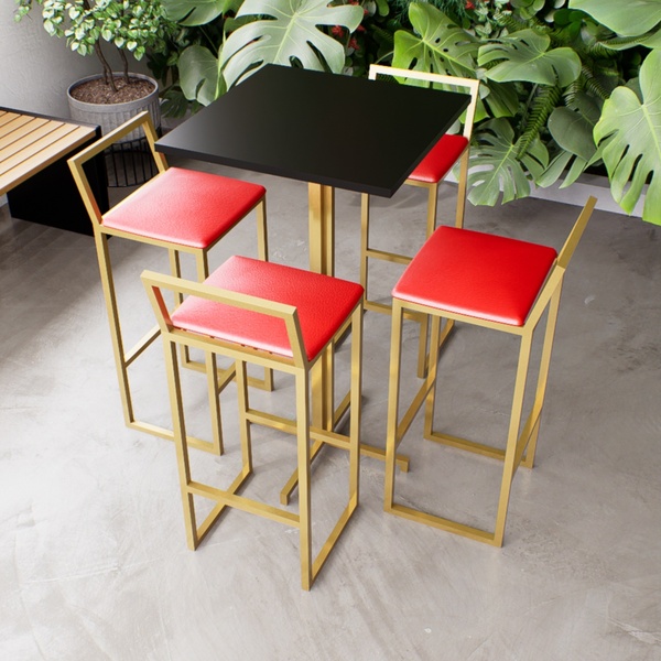 Jogo Mesa Alta Bistrô Quadrada Preta 4 Banquetas Estofado Con