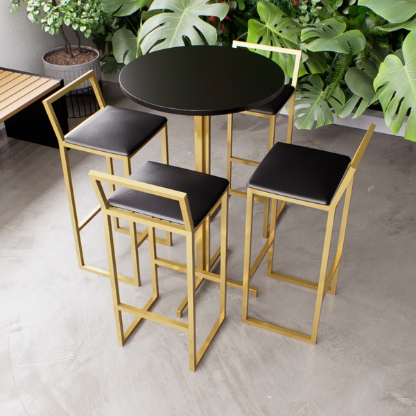Jogo Mesa Alta Bistrô Redonda Preta 4 Banquetas Estofado Conf