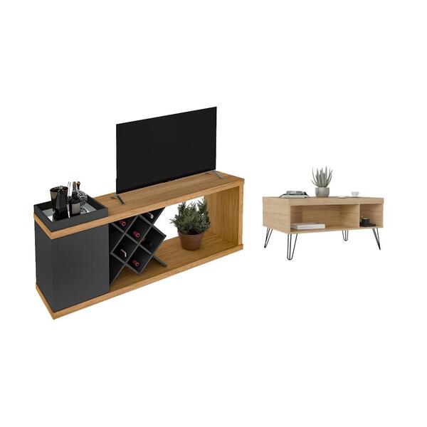 Jogo Mesa De Centro E Rack Bar Adelaide Carvalho Grafite