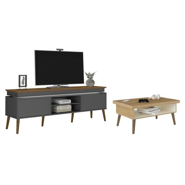 Jogo Mesa De Centro E Rack Camberra Carvalho Grafite