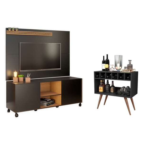 Jogo Painel Rack Para Tv E Aparador Roma Preto Madeirado