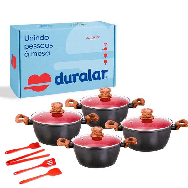 Jogo Panelas 8 Peças Utensílios Silicone Vermelho Duralar