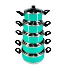 Jogo Panelas Alumínio Verde Água Tampa De Vidro 5 Peças - Ver