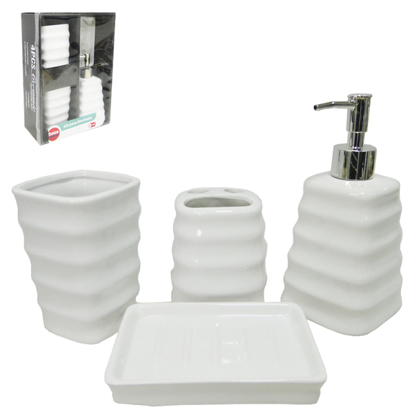 Jogo Para Banheiro De Porcelana Ondas Branco Com 4 Peças