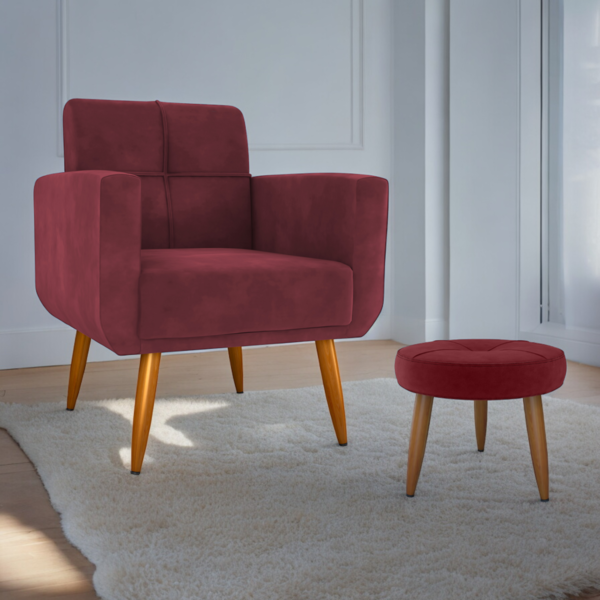 Jogo Poltrona E Puff Para Sala Hazen Veludo Vinho