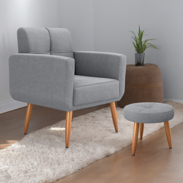 Jogo Poltrona E Puff Para Sala Oliver Boucle Cinza