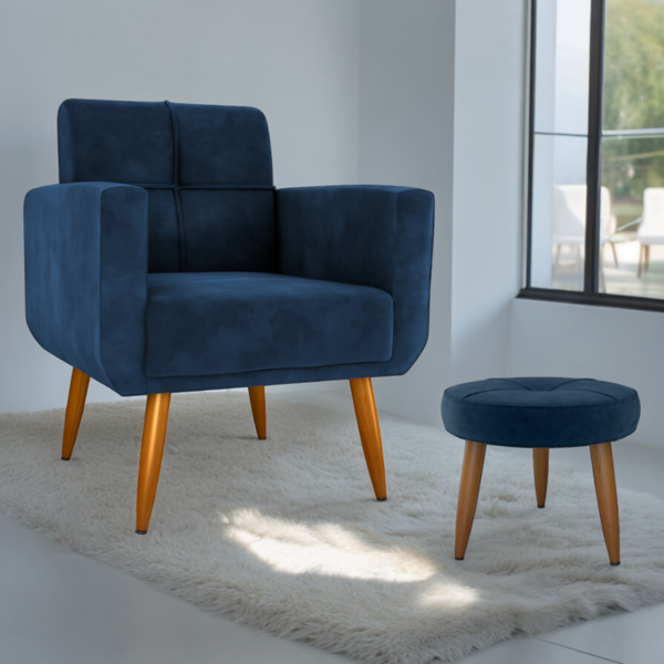 Jogo Poltrona E Puff Para Sala Oliver Veludo Azul